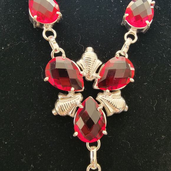 Striking Red Simulated Gemstone Necklace - Sterling Silver Statement Jewelry - Picture 3 of 5